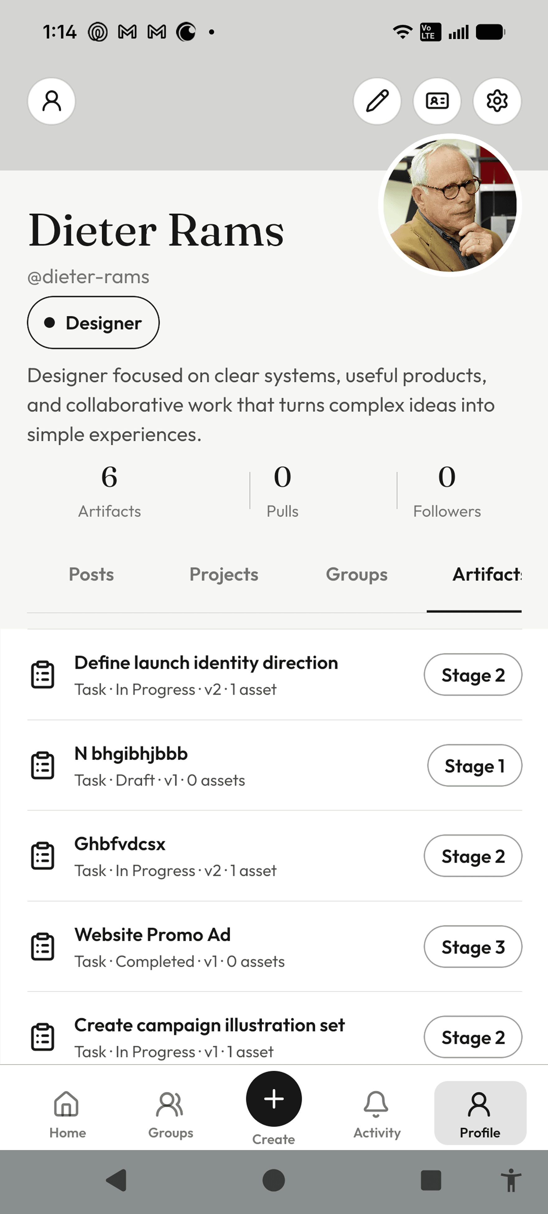 InkVein creator profile with the Artifact tab selected and a list of project tasks.