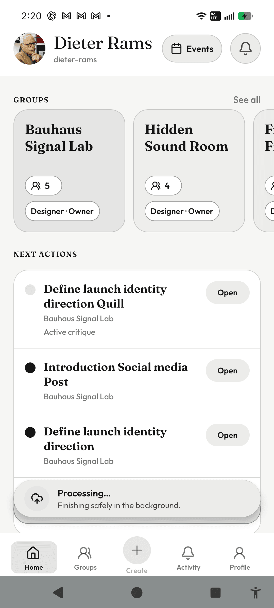 InkVein home screen with a persistent Processing status surface above bottom navigation.