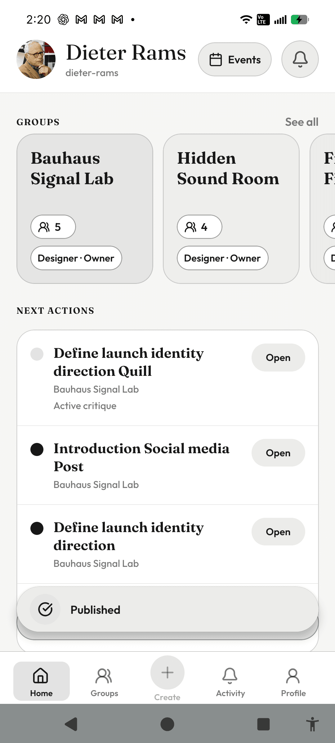 InkVein home screen with a persistent Published status surface above bottom navigation.
