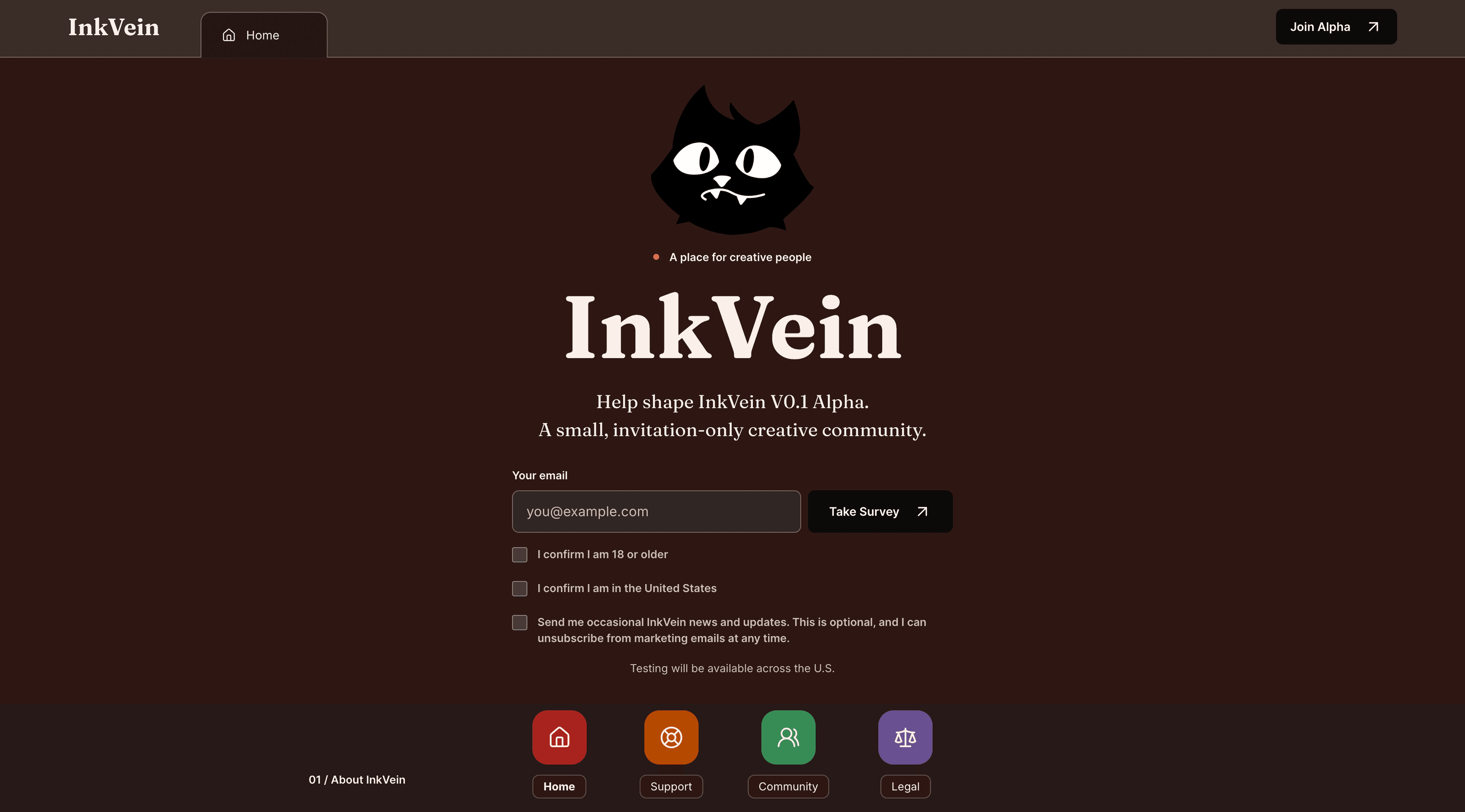 InkVein desktop Alpha landing page with the cat mark, email survey form, and feature links.