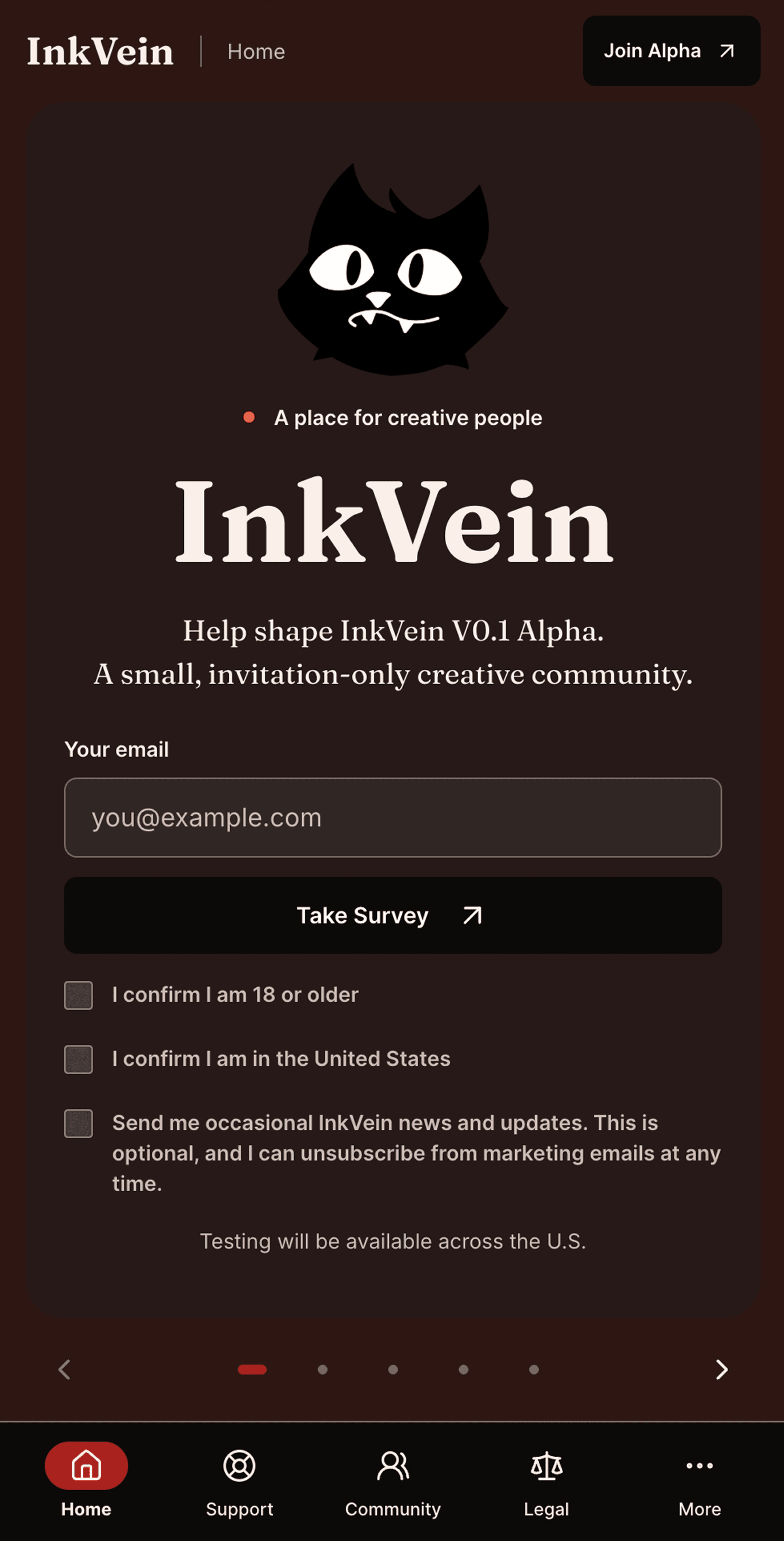 InkVein mobile Alpha landing page with survey form, eligibility confirmations, and bottom navigation.