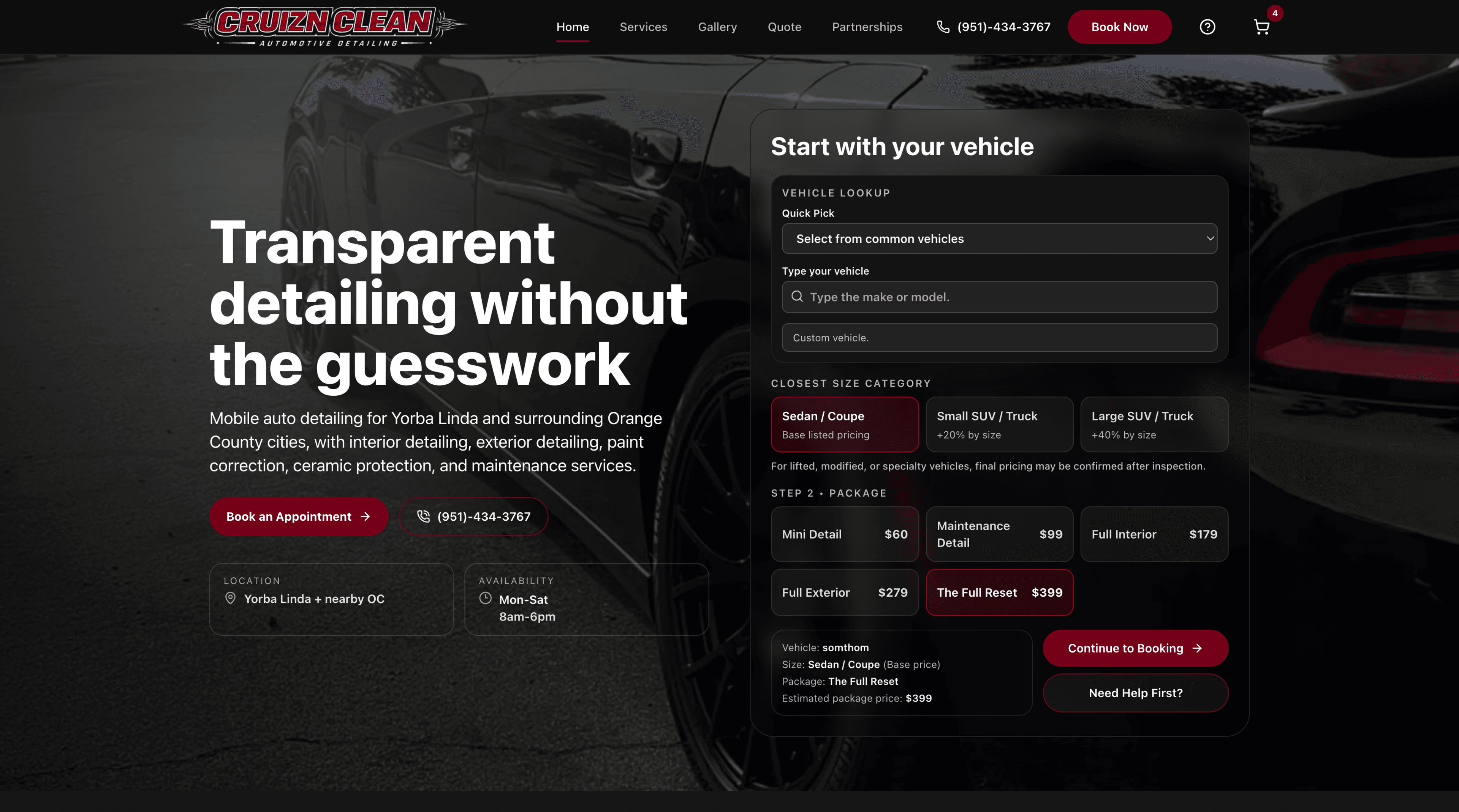 Cruizn Clean desktop homepage with vehicle lookup, detailing packages, and booking actions.