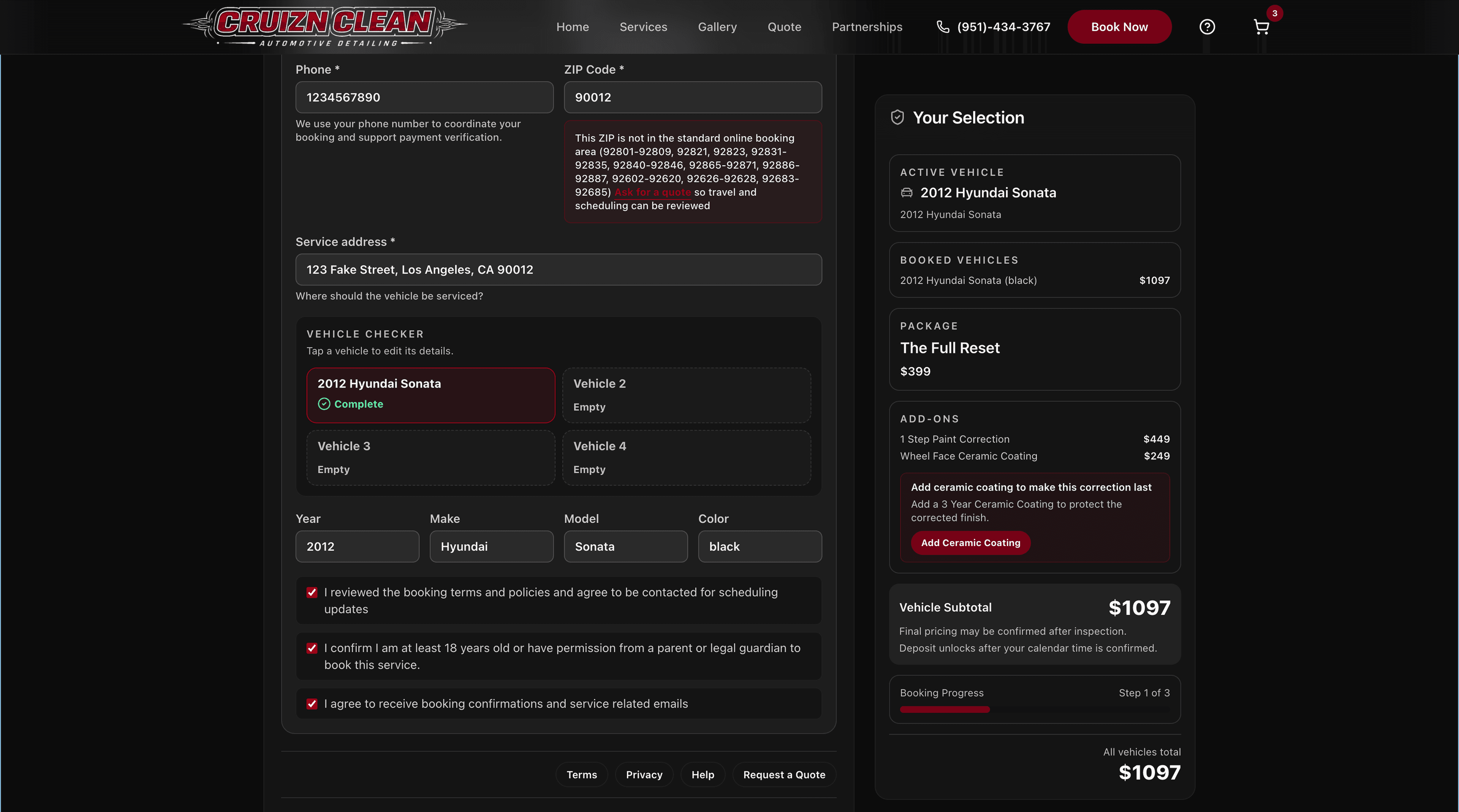 Cruizn Clean desktop customer information step with vehicle details and booking summary.