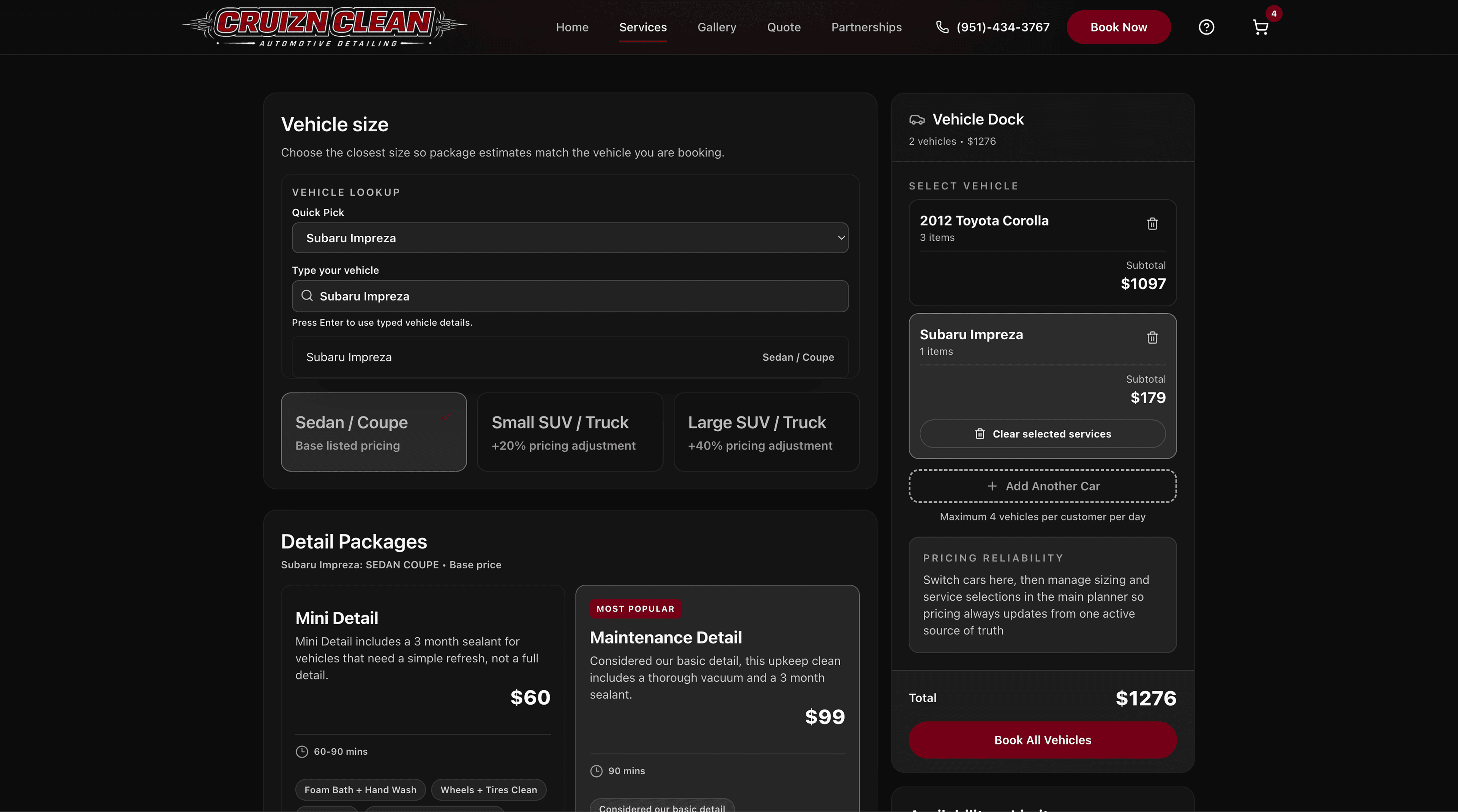 Cruizn Clean desktop service selection showing package options and a multi vehicle summary.