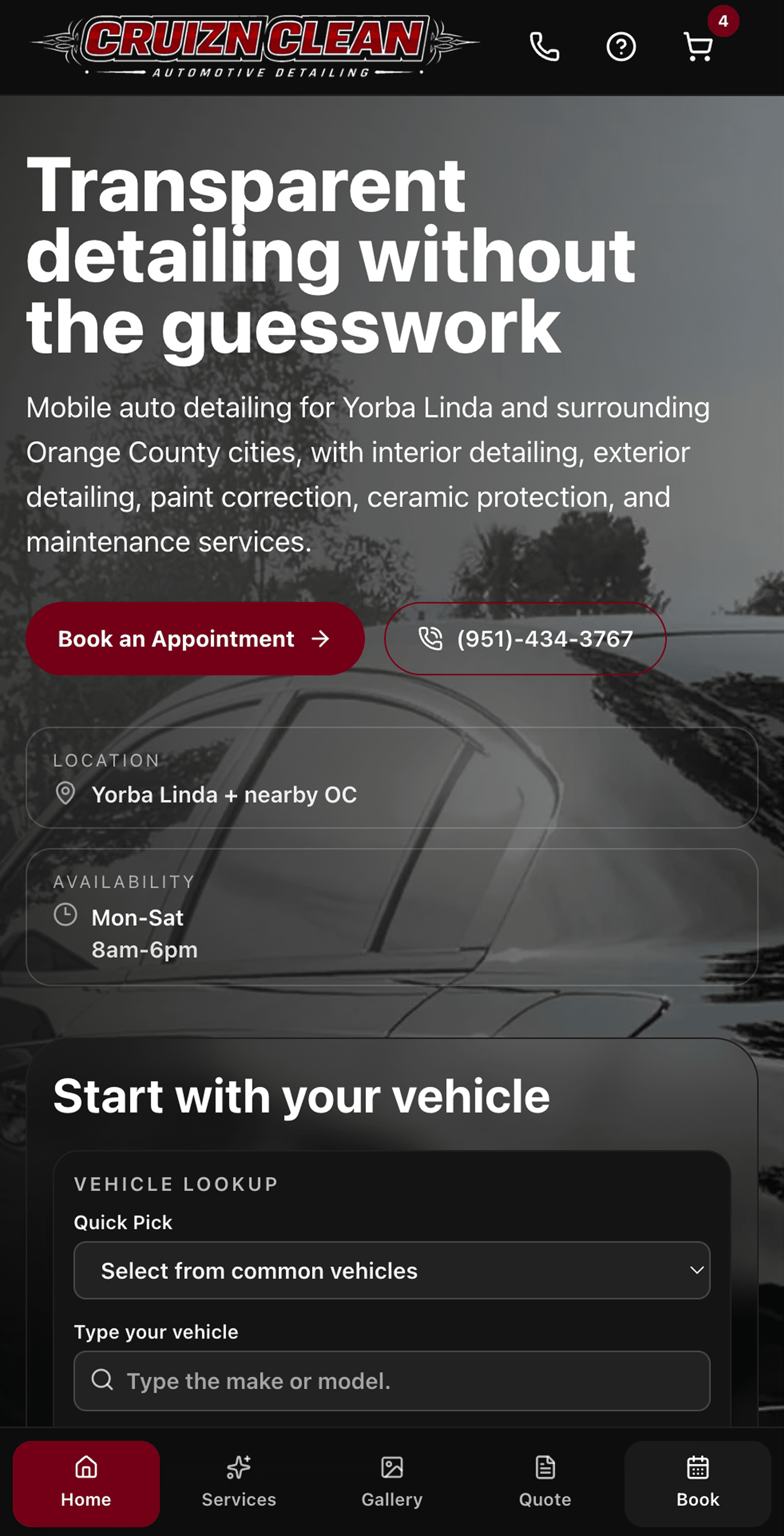 Cruizn Clean mobile homepage with booking and call actions, vehicle lookup, and bottom navigation.
