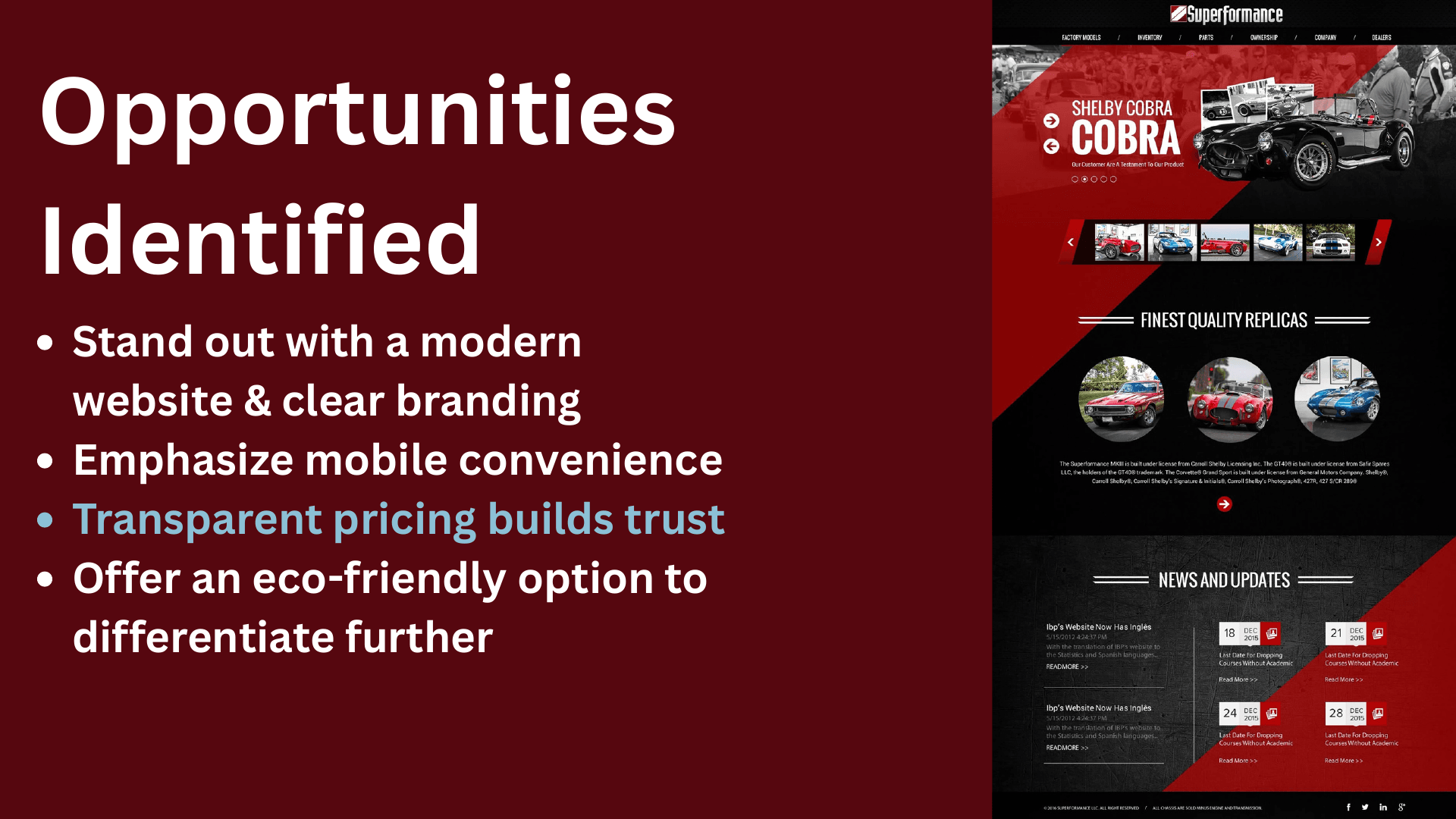 Early Cruizn Clean research deck page titled Opportunities Identified with direction around modern branding, mobile convenience, transparent pricing, and differentiation.