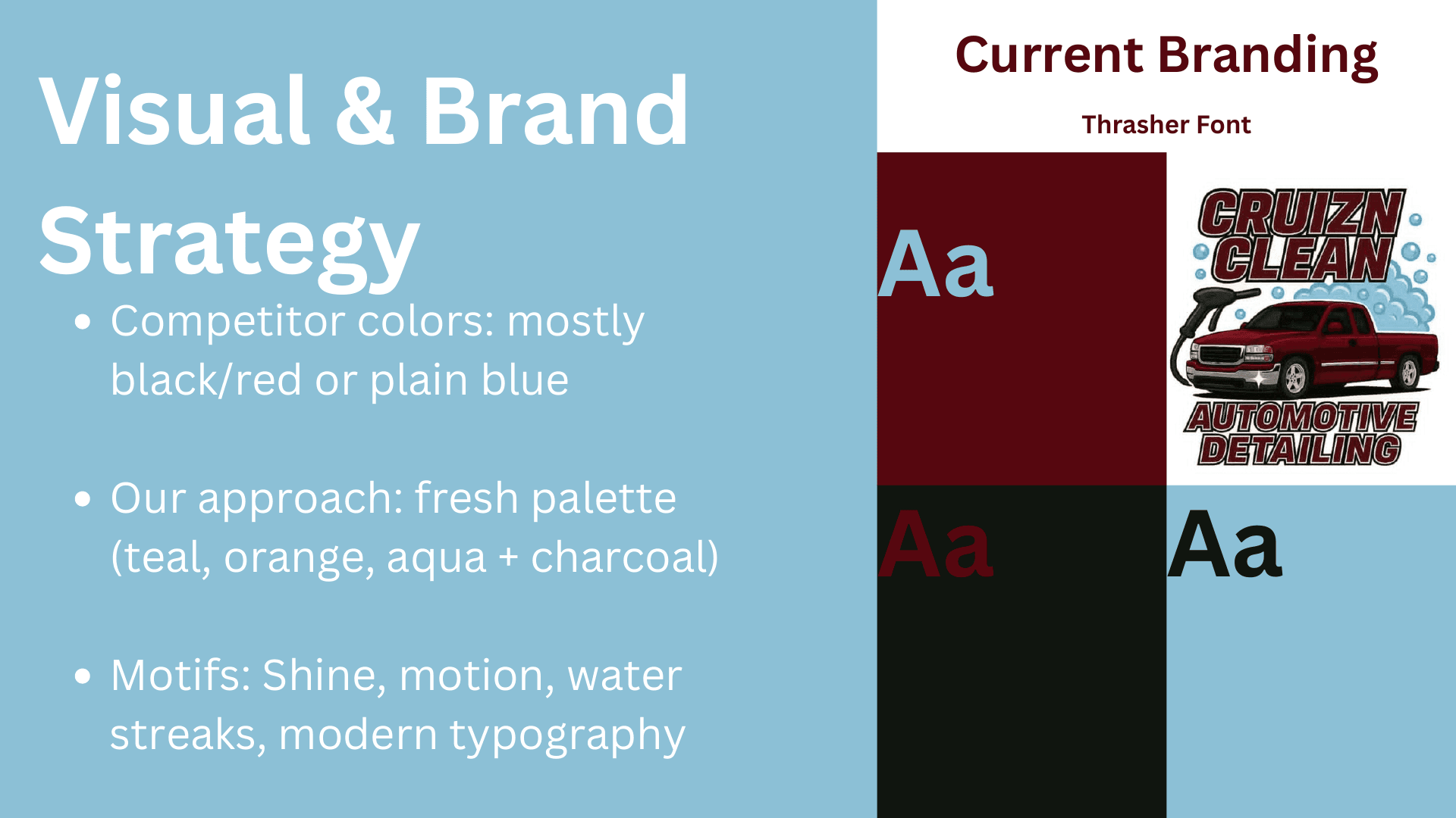 Early Cruizn Clean research deck page comparing current branding with an early proposed palette and visual motifs.