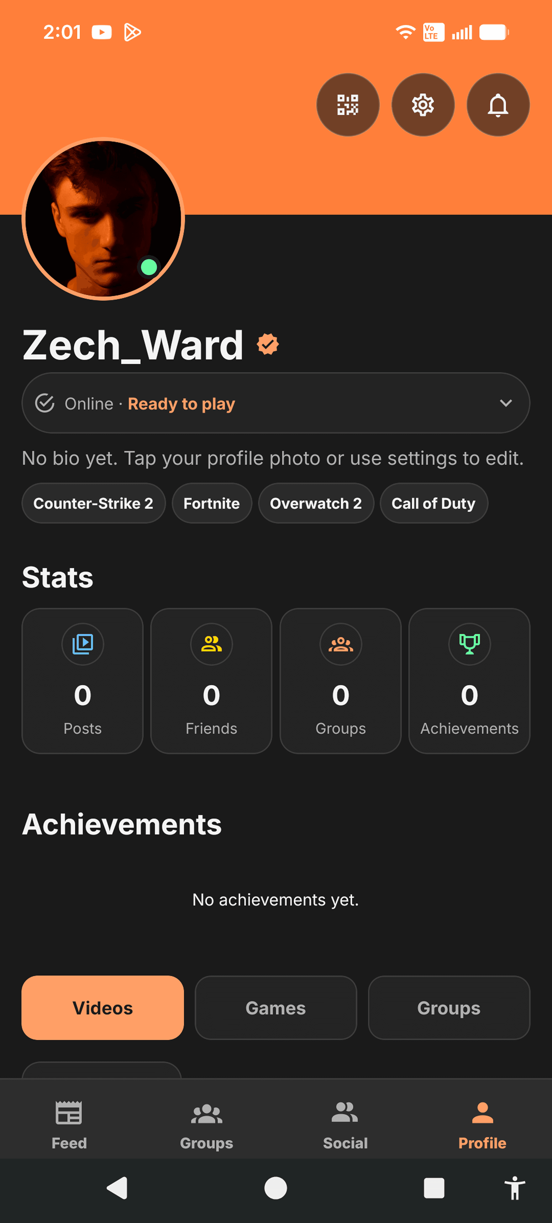 Game Mate player profile with status, preferred games, stats, and achievements.