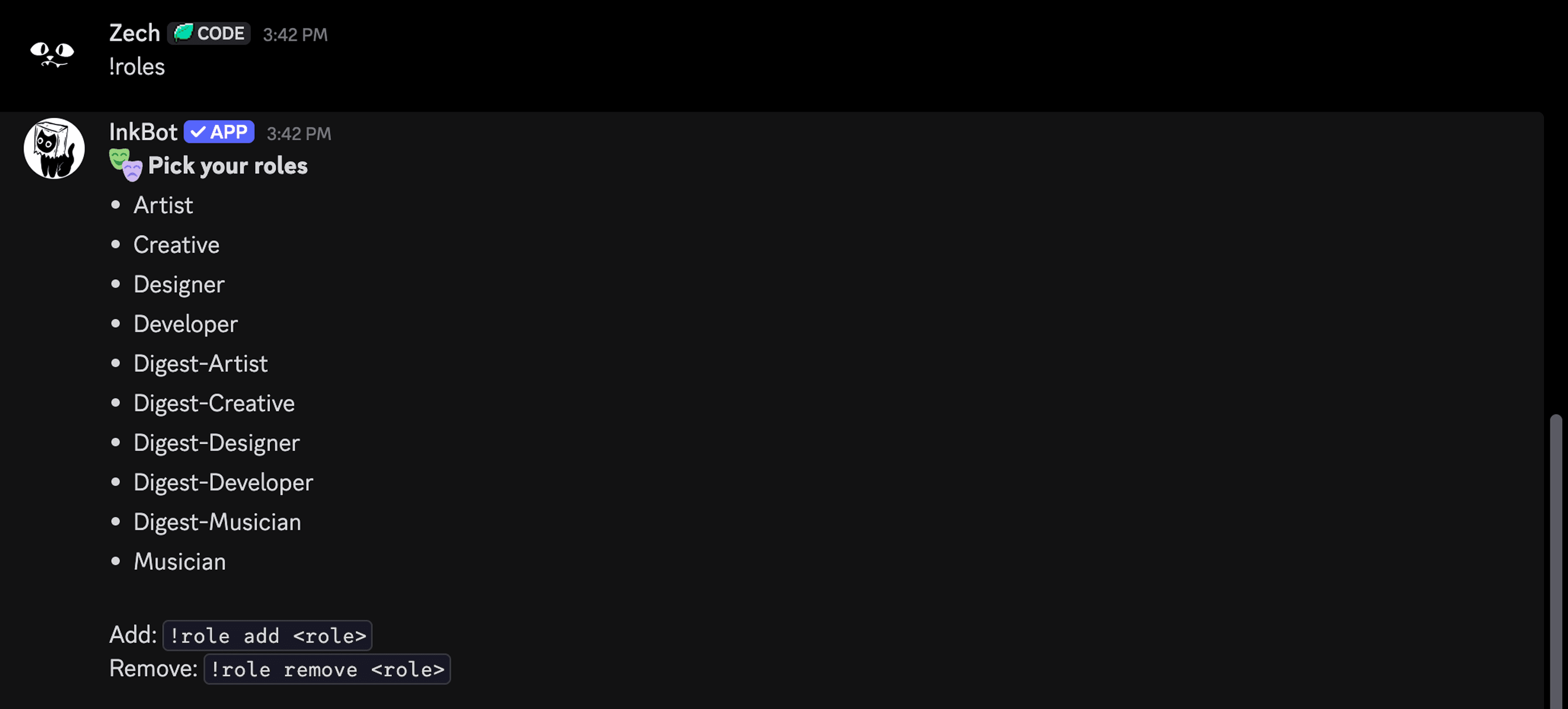 InkBot roles command showing available creative and development roles.