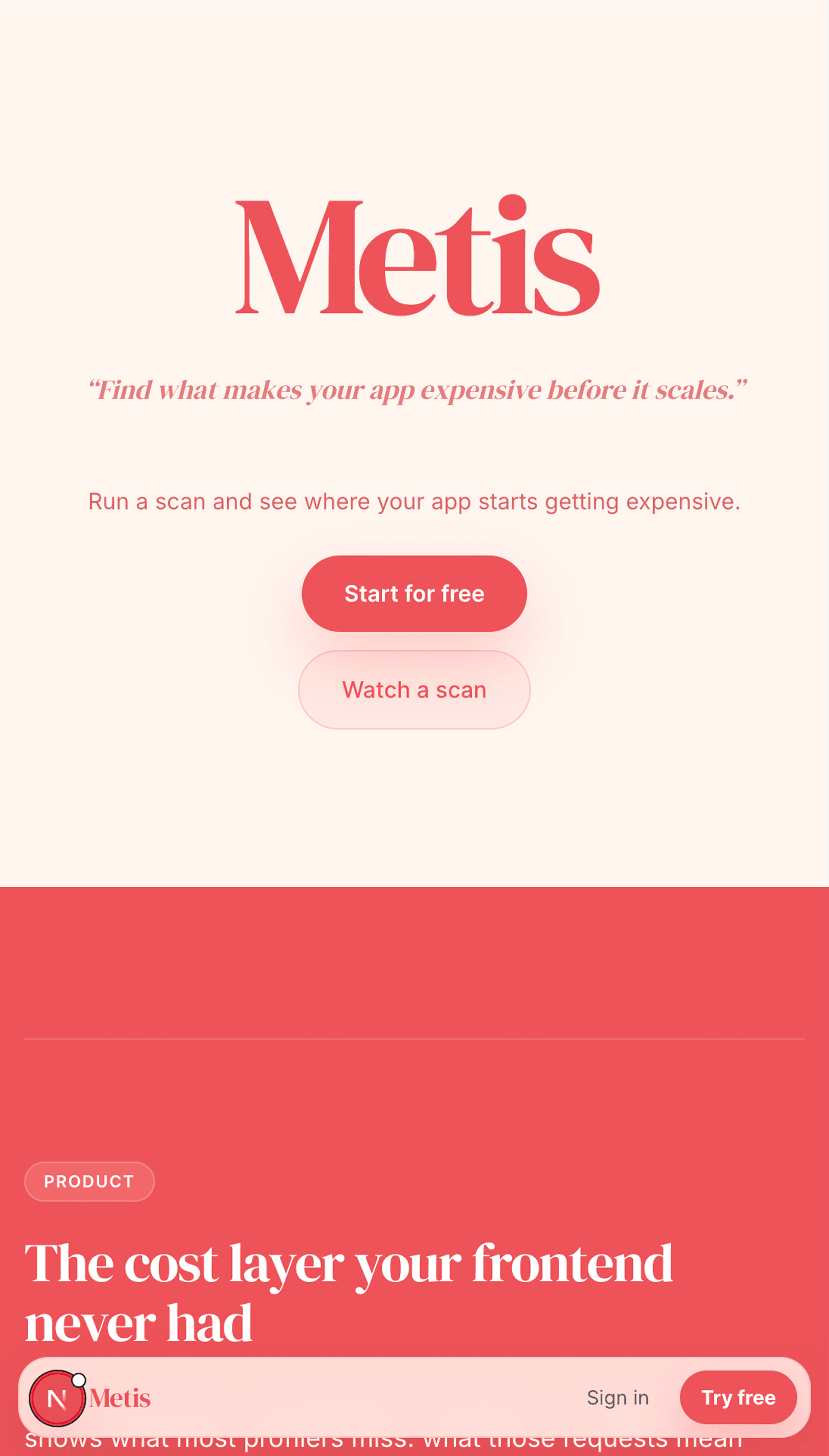 Metis mobile landing page with product statement, scan actions, and product introduction.
