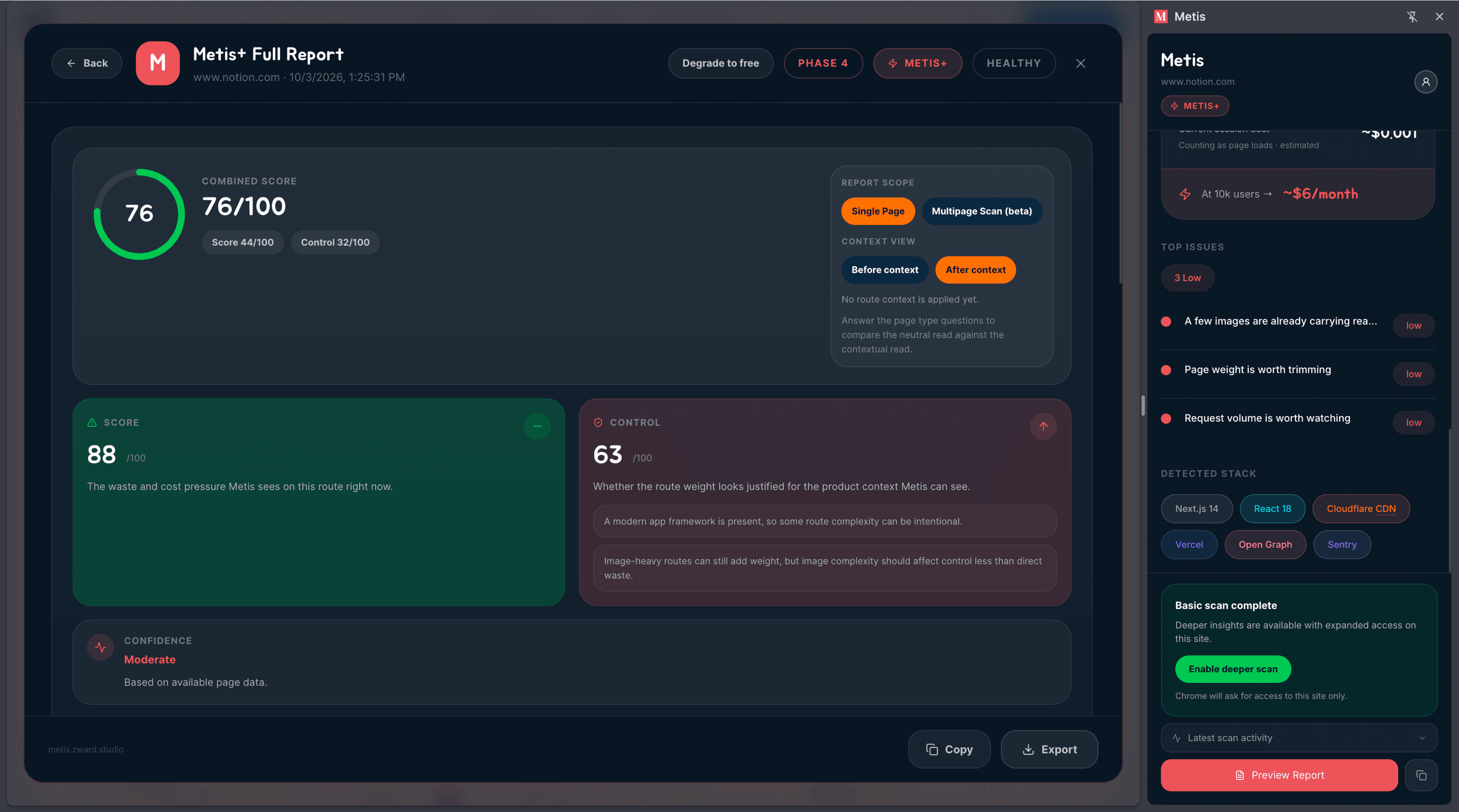 Metis full report dashboard with score, cost and technical findings, and analysis side panel.