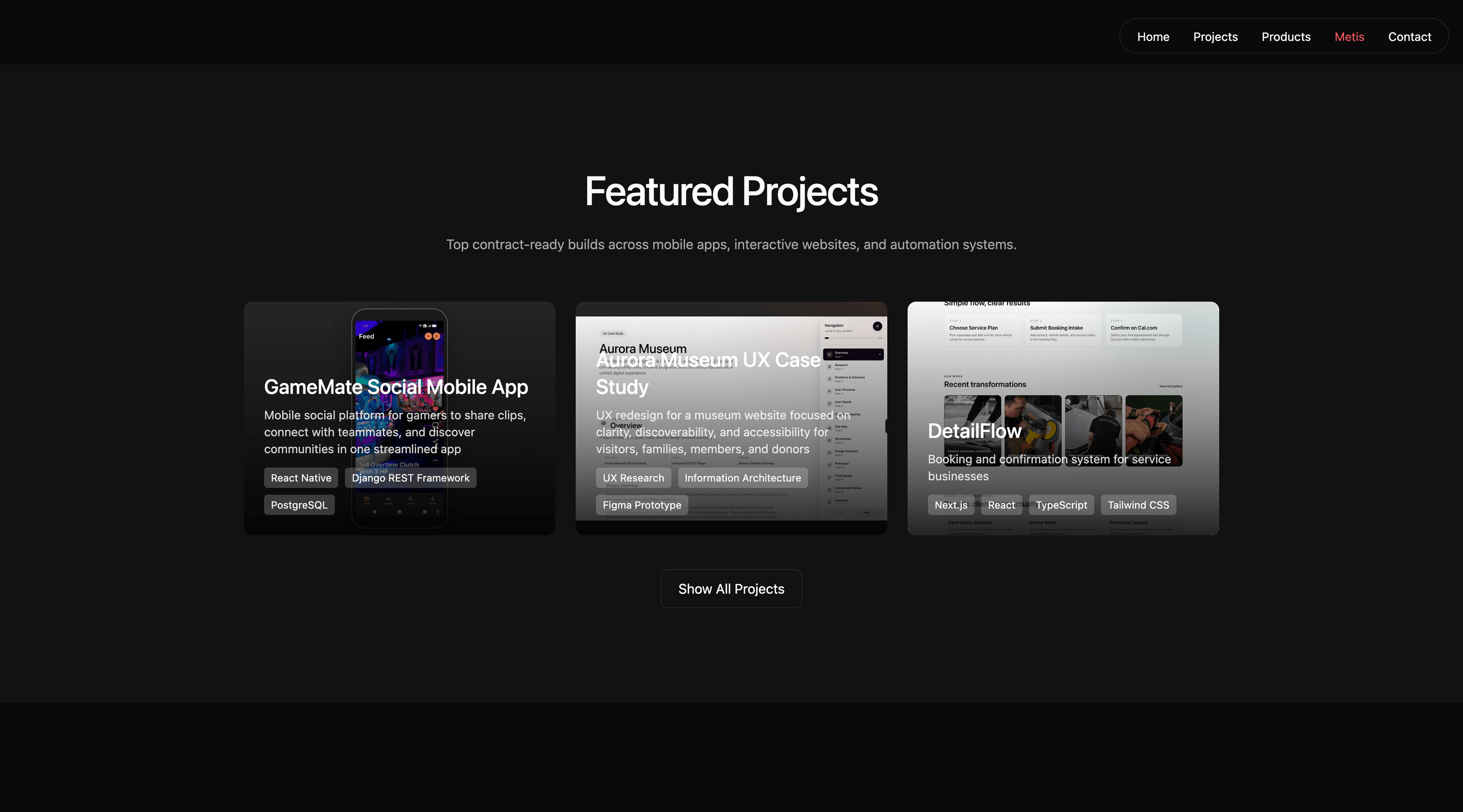 Ward Studio featured projects section with InkVein, Cruizn Clean, and Metis project cards.